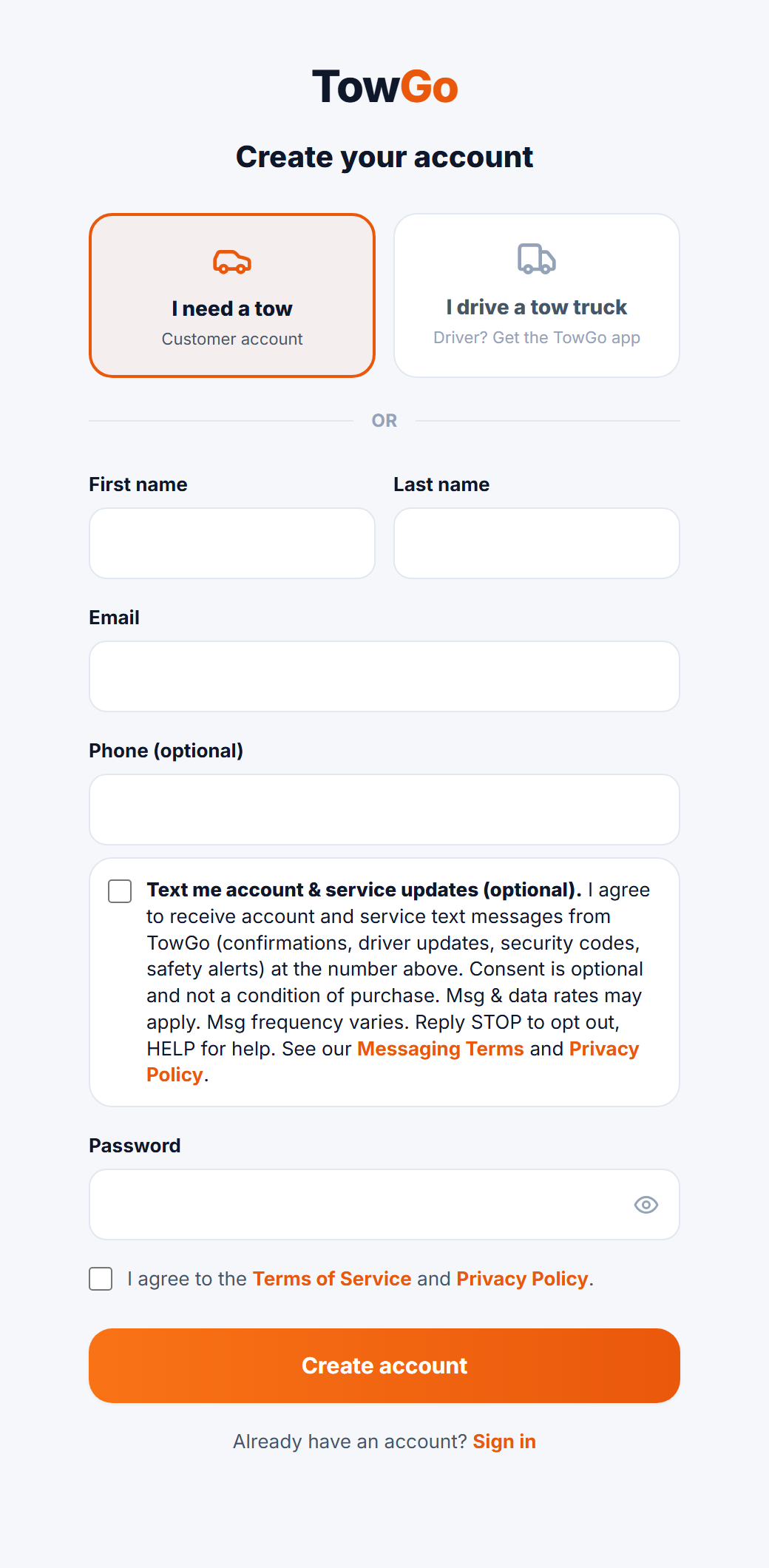 TowGo signup form showing the phone number field with the optional SMS consent checkbox beneath it